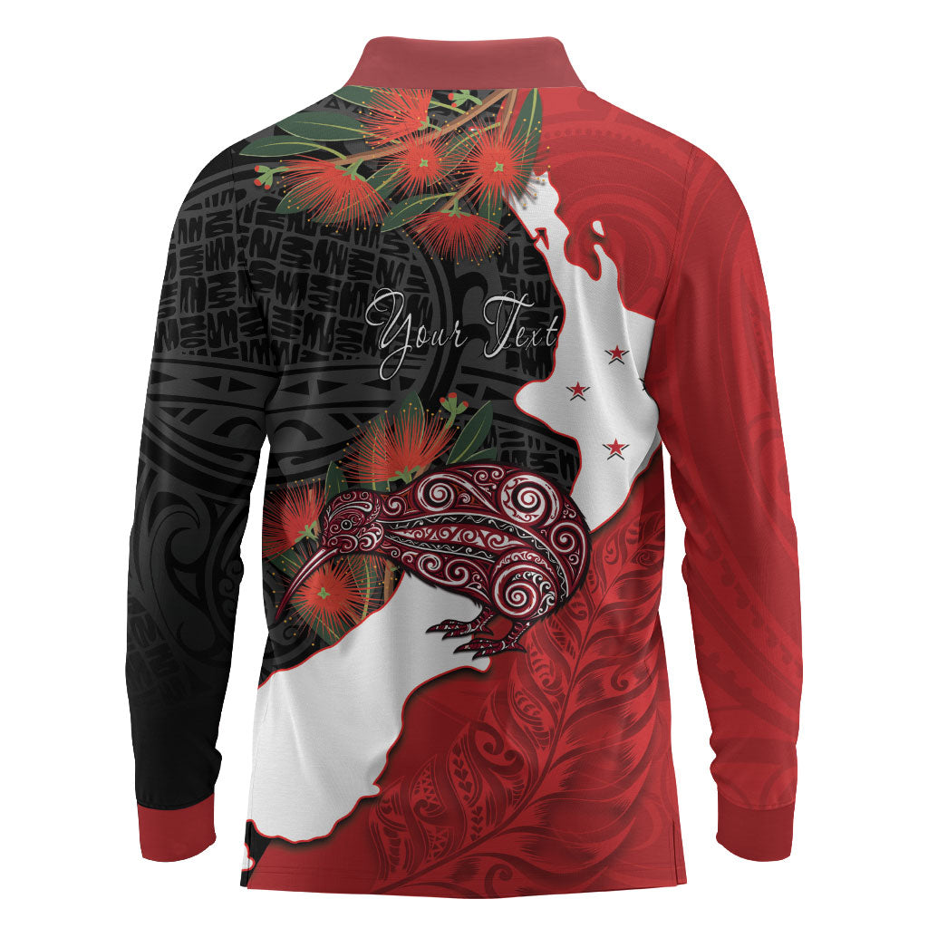 Kiwi New Zealand Personalised Long Sleeve Polo Shirt NZ Map Pohutukawa Fern Maori Pattern