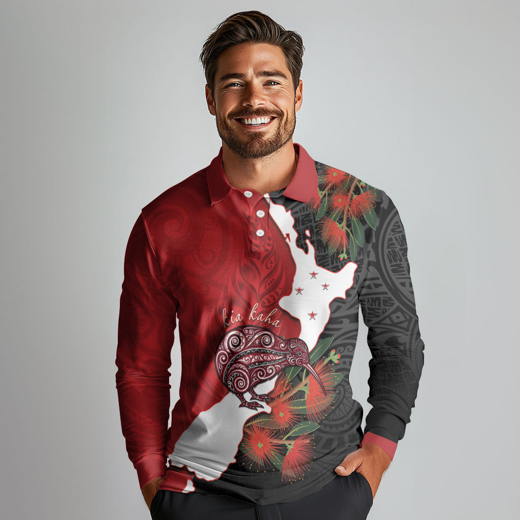 Kiwi New Zealand Personalised Long Sleeve Polo Shirt NZ Map Pohutukawa Fern Maori Pattern