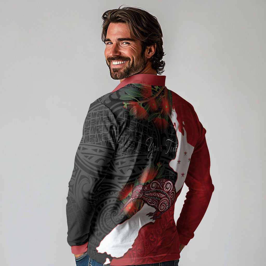Kiwi New Zealand Personalised Long Sleeve Polo Shirt NZ Map Pohutukawa Fern Maori Pattern