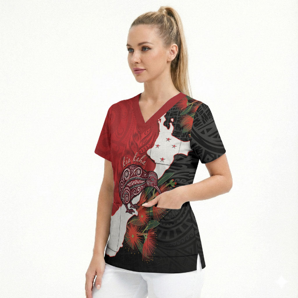 Kiwi New Zealand Personalised Scrub Top NZ Map Pohutukawa Fern Maori Pattern