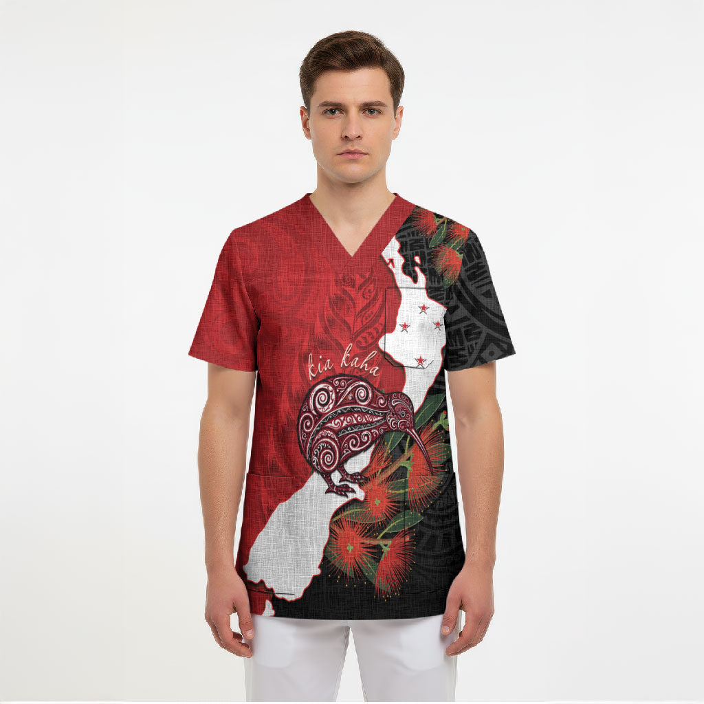 Kiwi New Zealand Personalised Scrub Top NZ Map Pohutukawa Fern Maori Pattern
