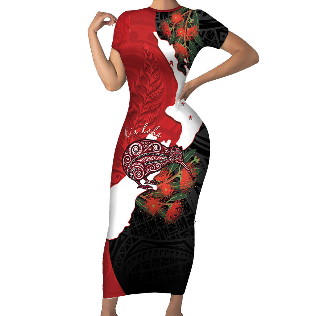 Kiwi New Zealand Personalised Short Sleeve Bodycon Dress NZ Map Pohutukawa Fern Maori Pattern