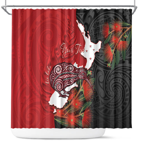 Kiwi New Zealand Personalised Shower Curtain NZ Map Pohutukawa Fern Maori Pattern