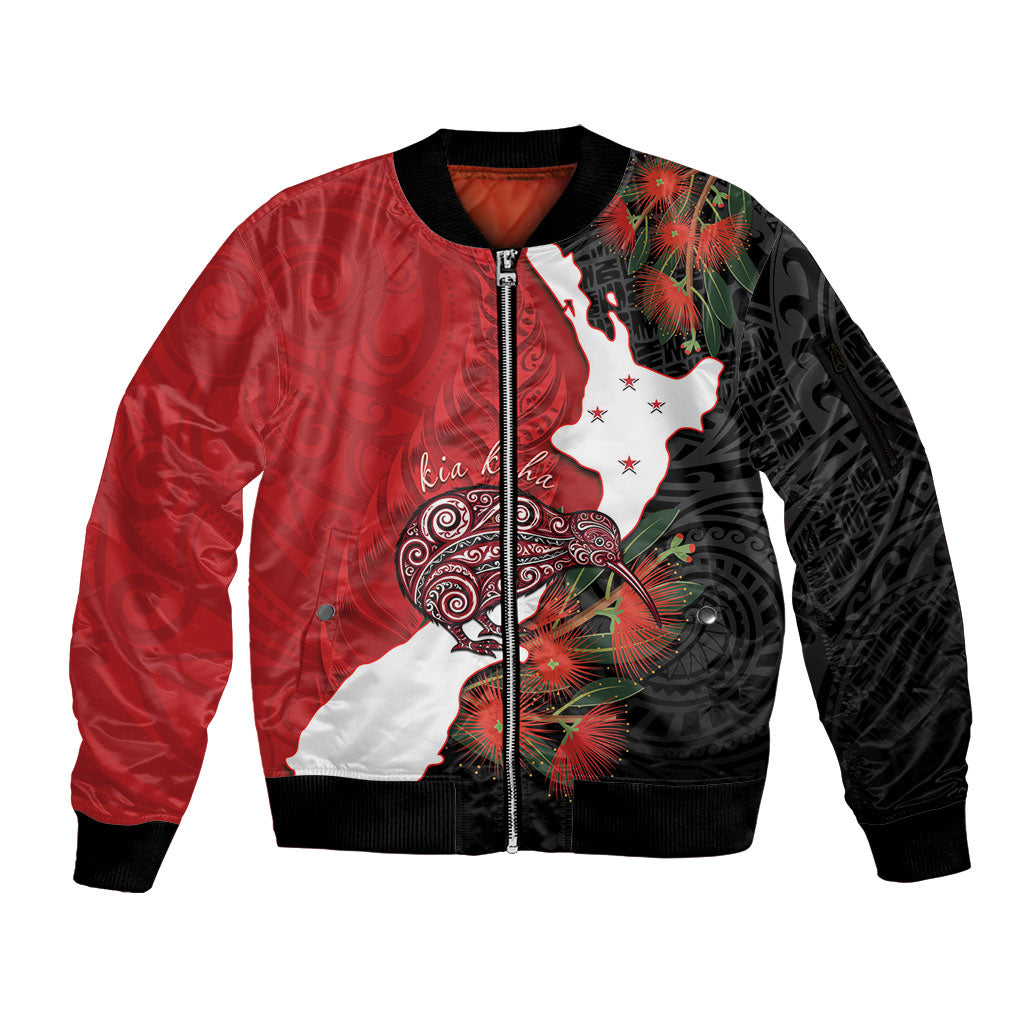 Kiwi New Zealand Personalised Sleeve Zip Bomber Jacket NZ Map Pohutukawa Fern Maori Pattern