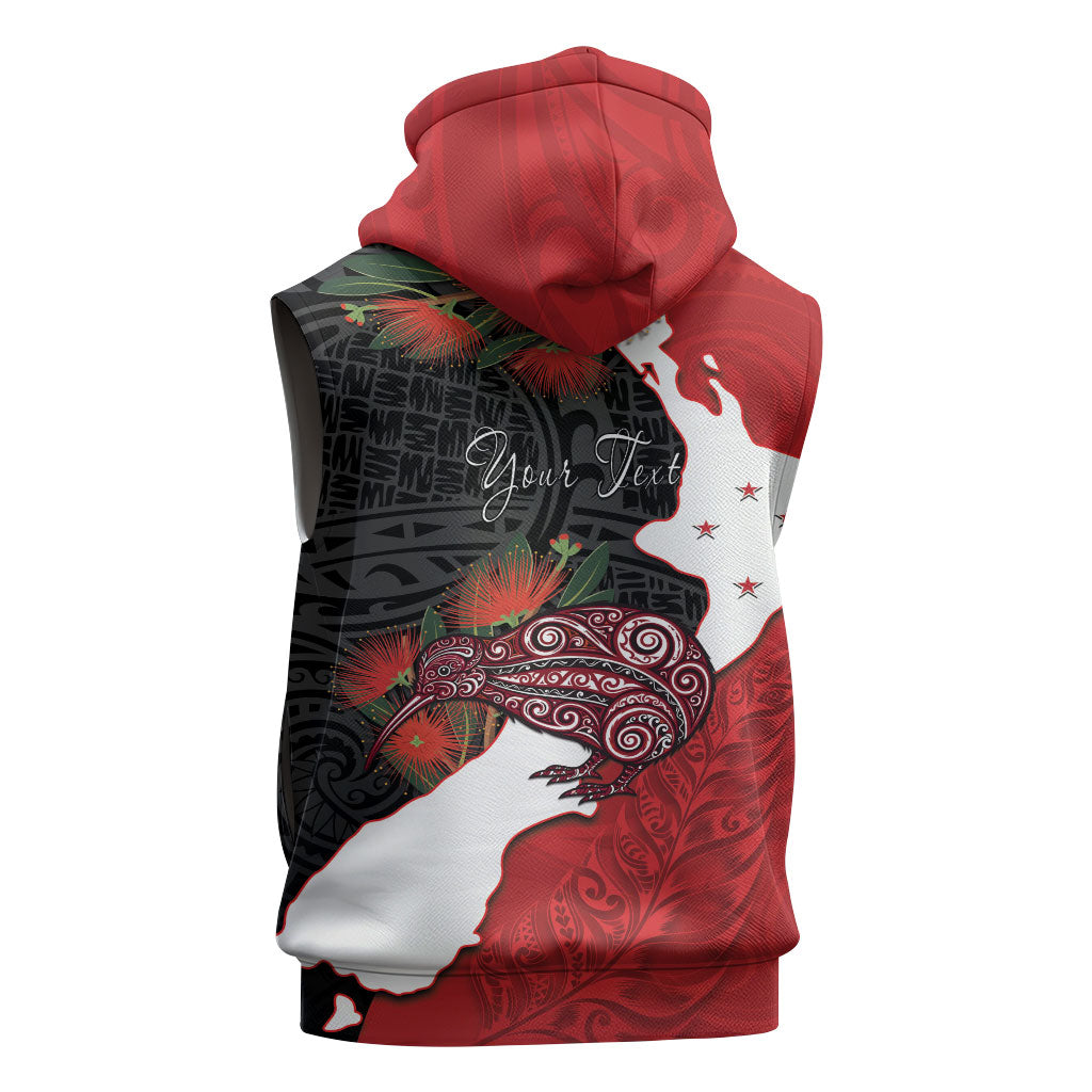 Kiwi New Zealand Personalised Sleeveless Hoodie NZ Map Pohutukawa Fern Maori Pattern