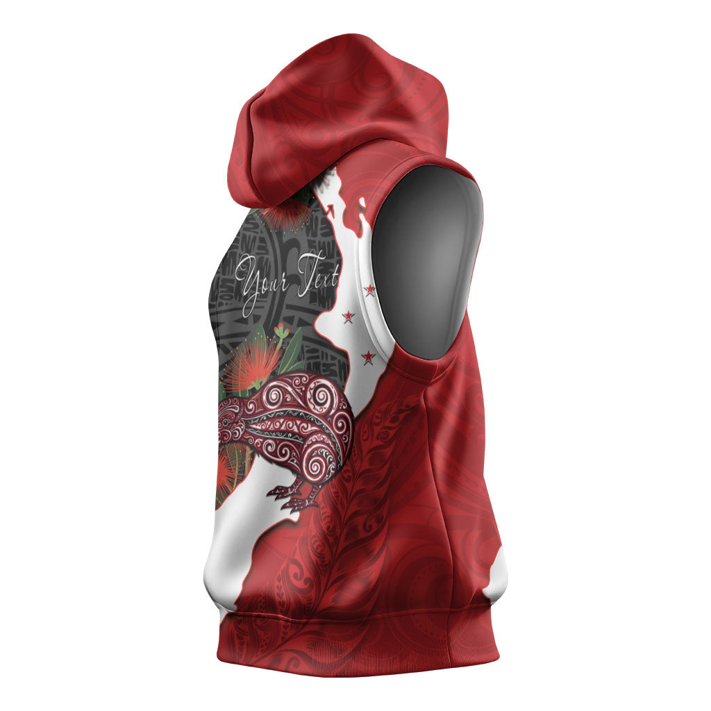 Kiwi New Zealand Personalised Sleeveless Hoodie NZ Map Pohutukawa Fern Maori Pattern