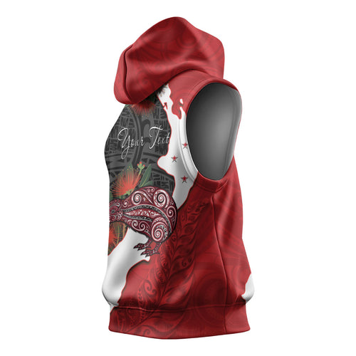 Kiwi New Zealand Personalised Sleeveless Hoodie NZ Map Pohutukawa Fern Maori Pattern