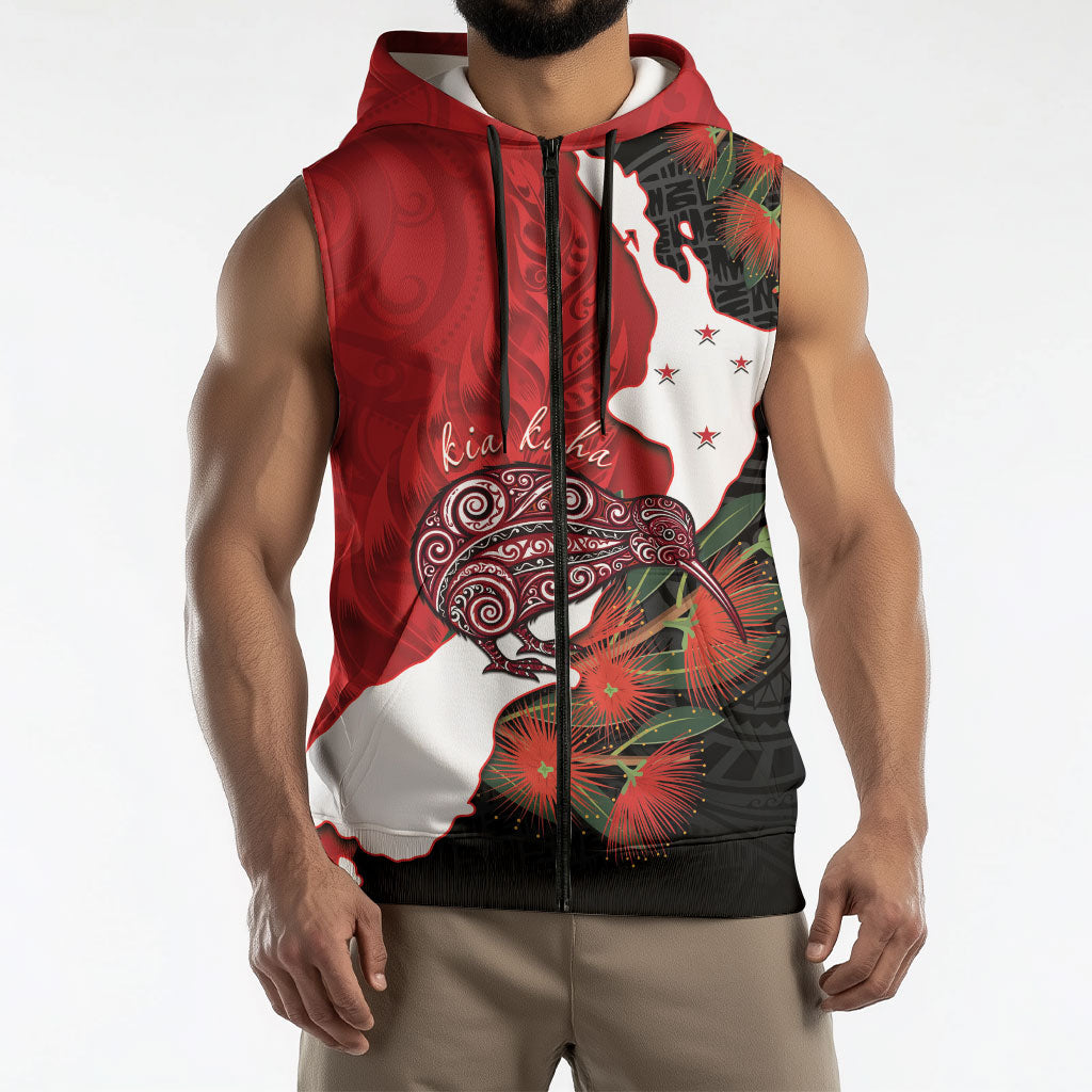 Kiwi New Zealand Personalised Sleeveless Zip Hoodie NZ Map Pohutukawa Fern Maori Pattern