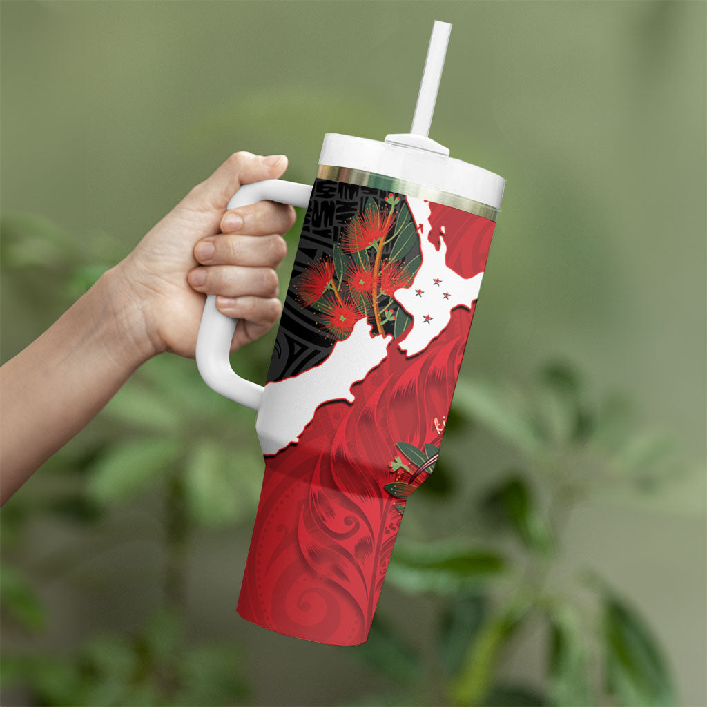 Kiwi New Zealand Personalised Tumbler With Handle NZ Map Pohutukawa Fern Maori Pattern