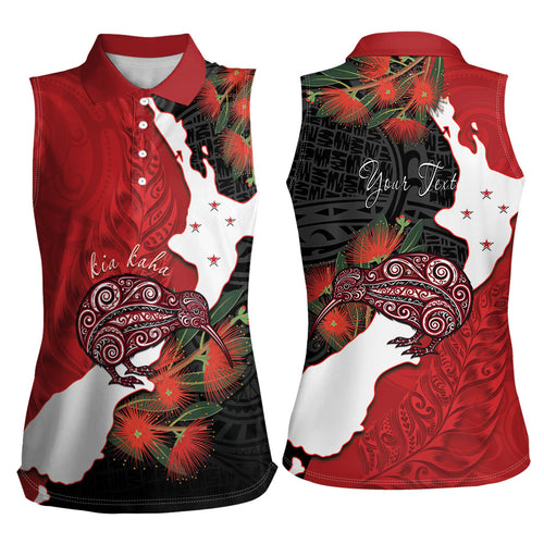 Kiwi New Zealand Personalised Women Sleeveless Polo Shirt NZ Map Pohutukawa Fern Maori Pattern