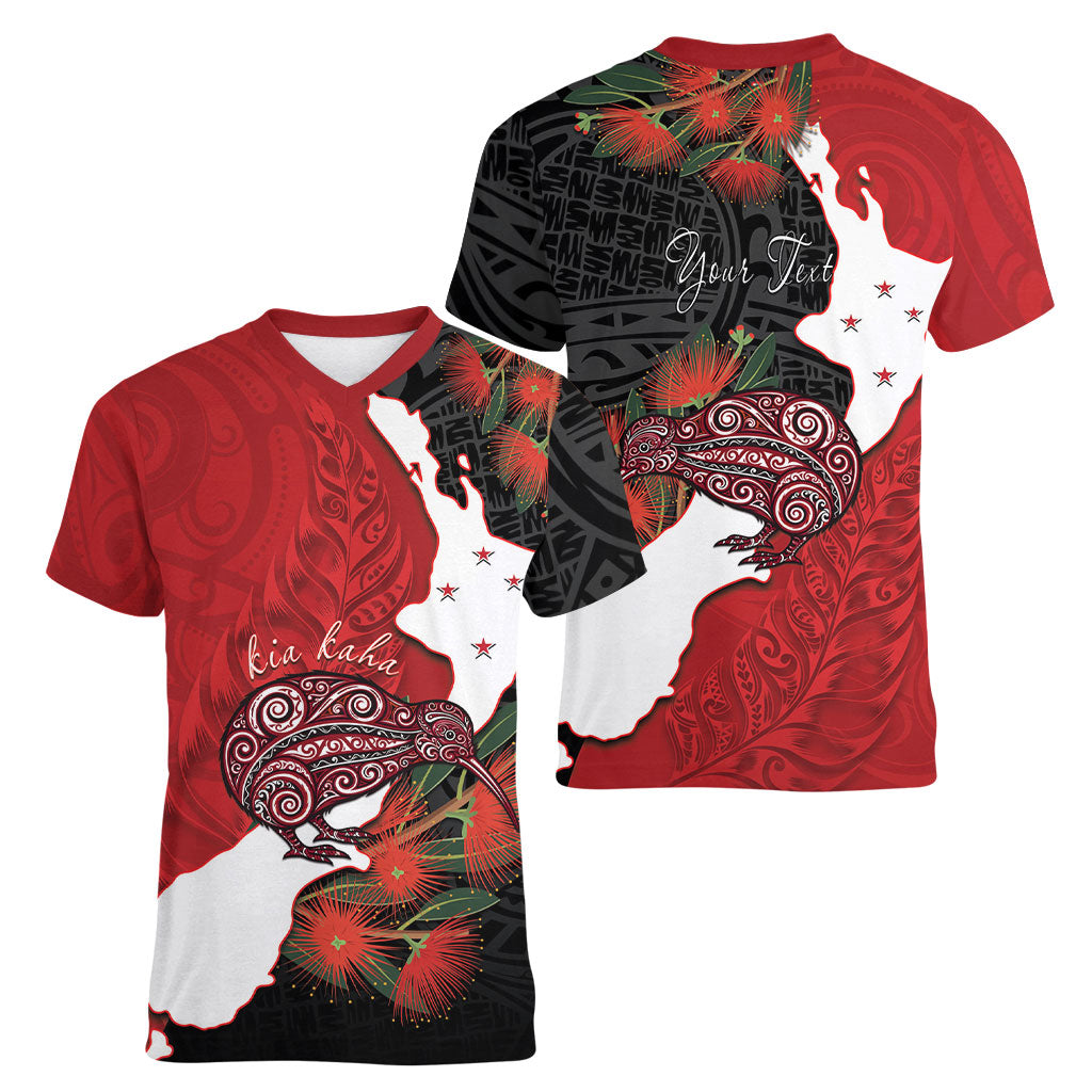 Kiwi New Zealand Personalised Women V-Neck T-Shirt NZ Map Pohutukawa Fern Maori Pattern