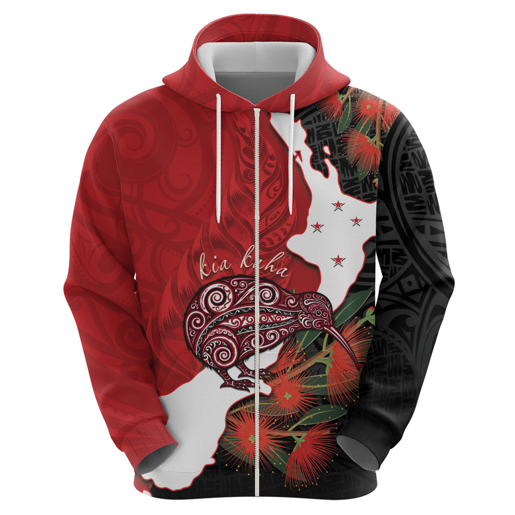 Kiwi New Zealand Personalised Zip Hoodie NZ Map Pohutukawa Fern Maori Pattern