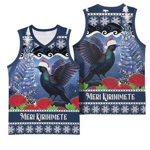 New Zealand Tui Bird Christmas Basketball Jersey Pohutukawa Xmas Tree Meri Kirihimete