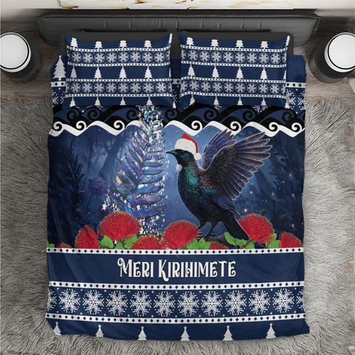 New Zealand Tui Bird Christmas Bedding Set Pohutukawa Xmas Tree Meri Kirihimete