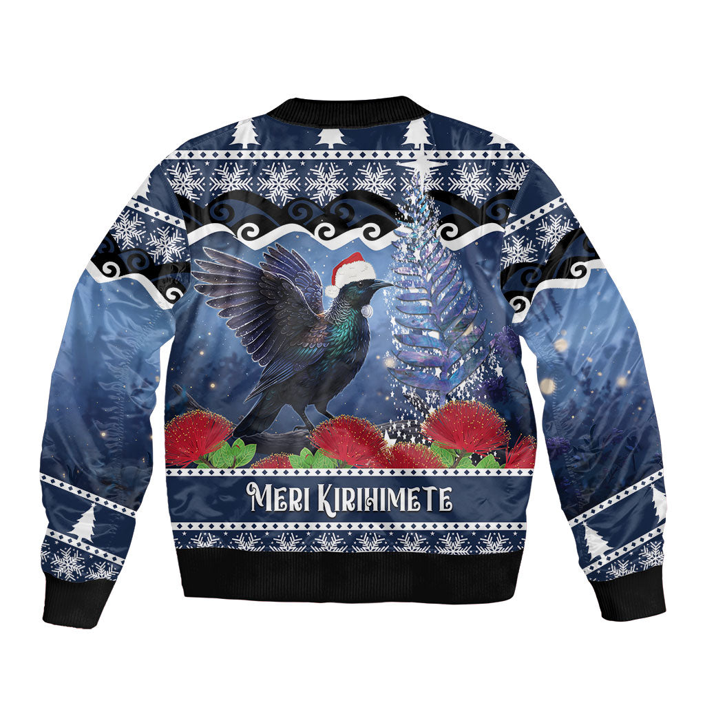 New Zealand Tui Bird Christmas Bomber Jacket Pohutukawa Xmas Tree Meri Kirihimete