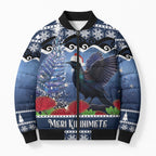 New Zealand Tui Bird Christmas Bomber Puffer Jacket Pohutukawa Xmas Tree Meri Kirihimete