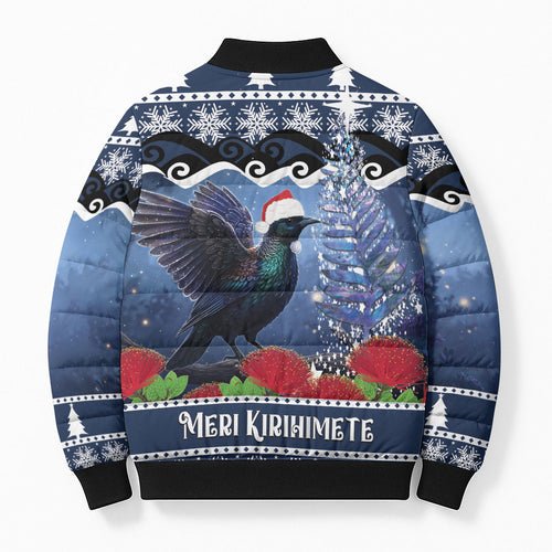 New Zealand Tui Bird Christmas Bomber Puffer Jacket Pohutukawa Xmas Tree Meri Kirihimete
