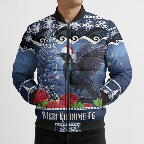 New Zealand Tui Bird Christmas Bomber Puffer Jacket Pohutukawa Xmas Tree Meri Kirihimete