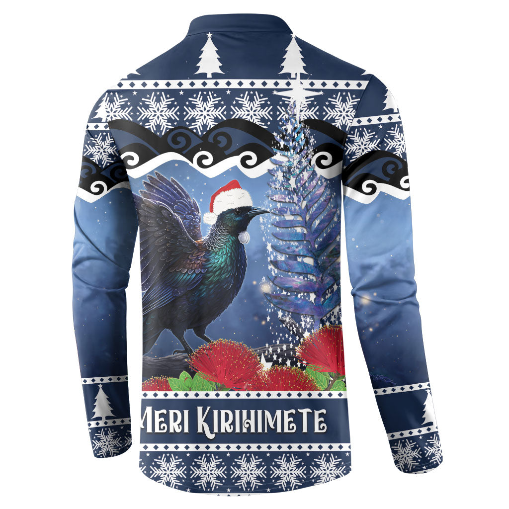New Zealand Tui Bird Christmas Button Sweatshirt Pohutukawa Xmas Tree Meri Kirihimete