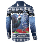 New Zealand Tui Bird Christmas Button Sweatshirt Pohutukawa Xmas Tree Meri Kirihimete