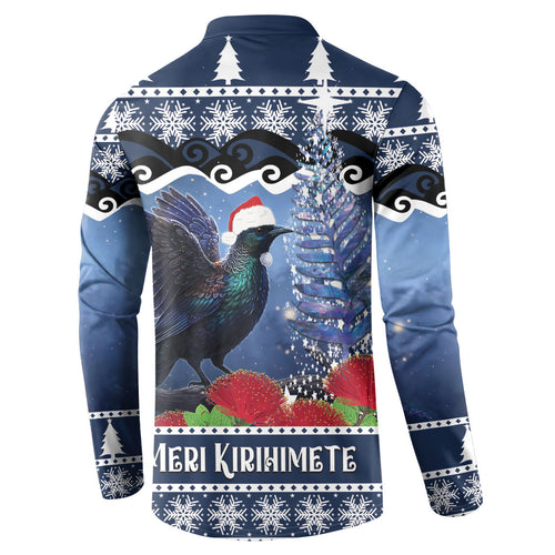 New Zealand Tui Bird Christmas Button Sweatshirt Pohutukawa Xmas Tree Meri Kirihimete