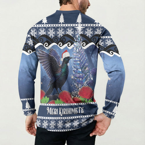 New Zealand Tui Bird Christmas Button Sweatshirt Pohutukawa Xmas Tree Meri Kirihimete