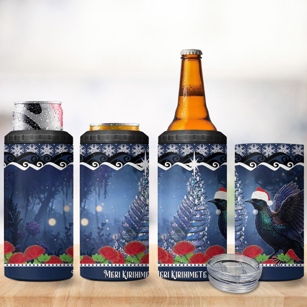 New Zealand Tui Bird Christmas 4 in 1 Can Cooler Tumbler Pohutukawa Xmas Tree Meri Kirihimete