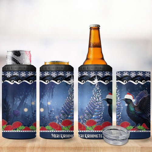 New Zealand Tui Bird Christmas 4 in 1 Can Cooler Tumbler Pohutukawa Xmas Tree Meri Kirihimete