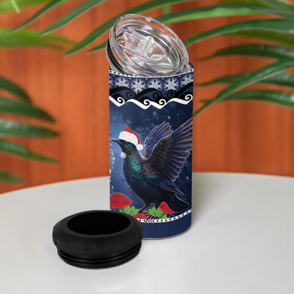 New Zealand Tui Bird Christmas 4 in 1 Can Cooler Tumbler Pohutukawa Xmas Tree Meri Kirihimete