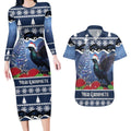 New Zealand Tui Bird Christmas Couples Matching Long Sleeve Bodycon Dress and Hawaiian Shirt Pohutukawa Xmas Tree Meri Kirihimete