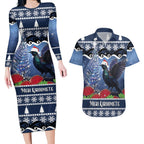 New Zealand Tui Bird Christmas Couples Matching Long Sleeve Bodycon Dress and Hawaiian Shirt Pohutukawa Xmas Tree Meri Kirihimete