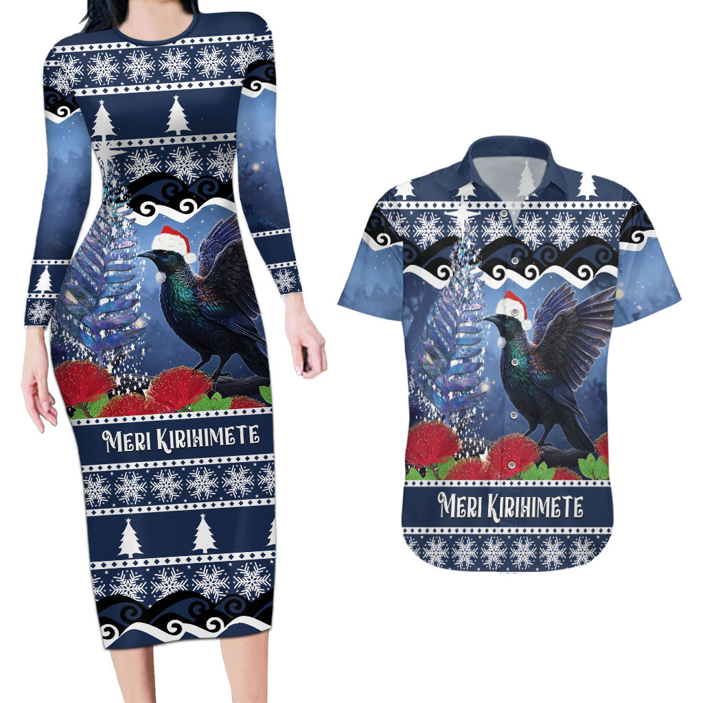 New Zealand Tui Bird Christmas Couples Matching Long Sleeve Bodycon Dress and Hawaiian Shirt Pohutukawa Xmas Tree Meri Kirihimete