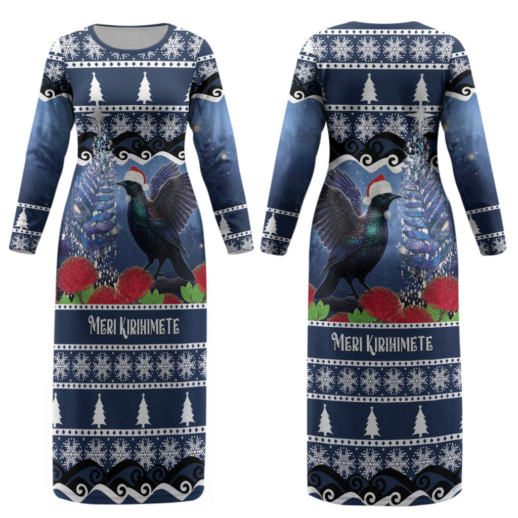 New Zealand Tui Bird Christmas Couples Matching Long Sleeve Bodycon Dress and Hawaiian Shirt Pohutukawa Xmas Tree Meri Kirihimete LT22