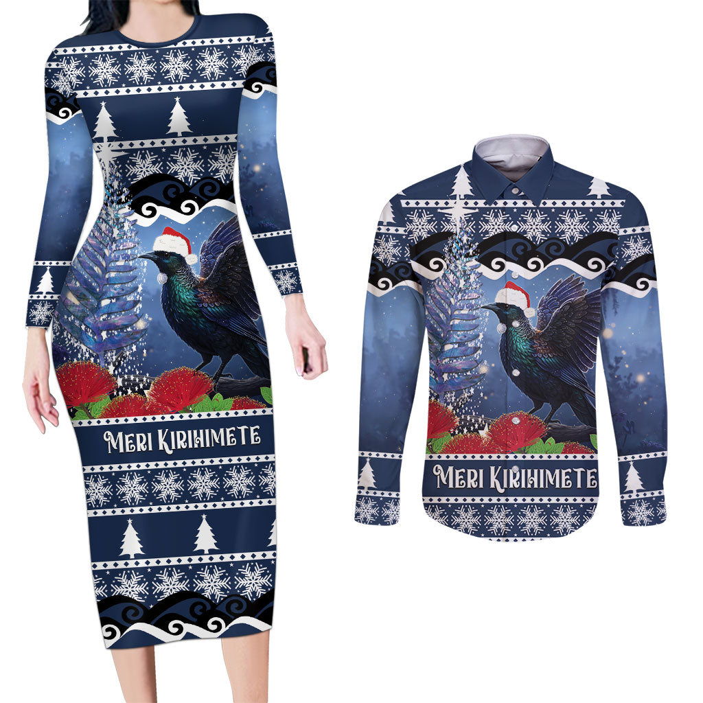 New Zealand Tui Bird Christmas Couples Matching Long Sleeve Bodycon Dress and Long Sleeve Button Shirt Pohutukawa Xmas Tree Meri Kirihimete