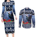 New Zealand Tui Bird Christmas Couples Matching Long Sleeve Bodycon Dress and Long Sleeve Button Shirt Pohutukawa Xmas Tree Meri Kirihimete