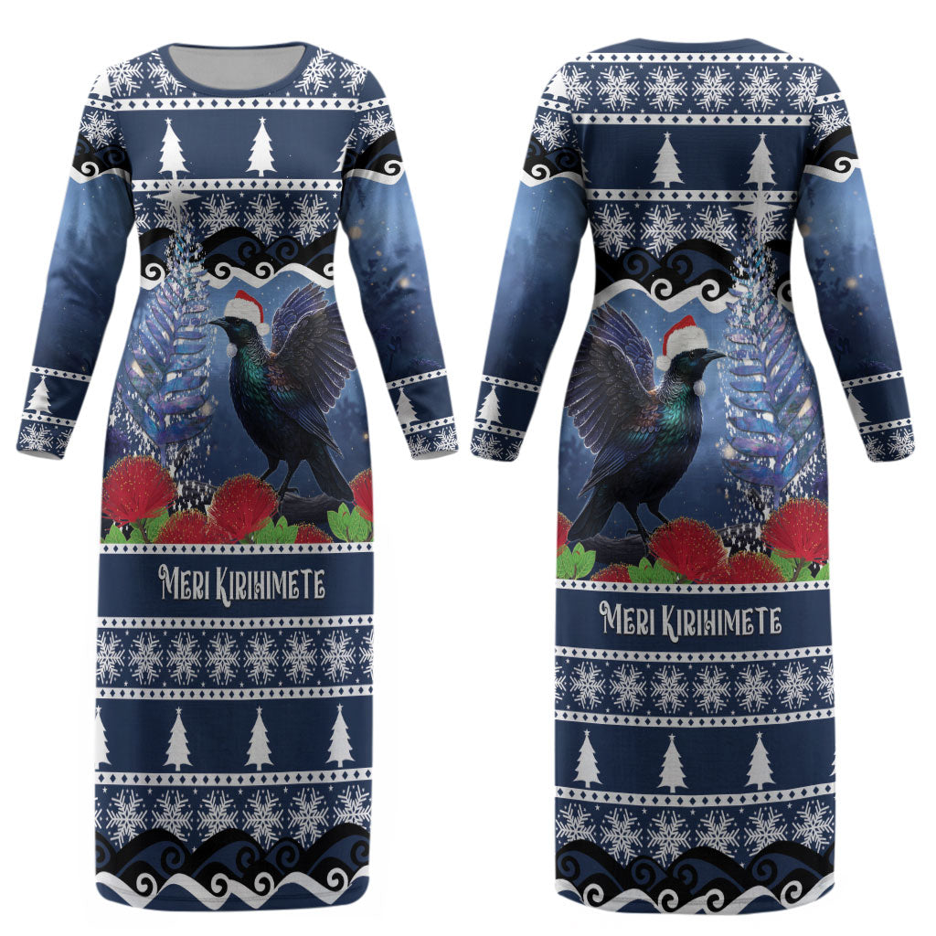 New Zealand Tui Bird Christmas Couples Matching Long Sleeve Bodycon Dress and Long Sleeve Button Shirt Pohutukawa Xmas Tree Meri Kirihimete LT22