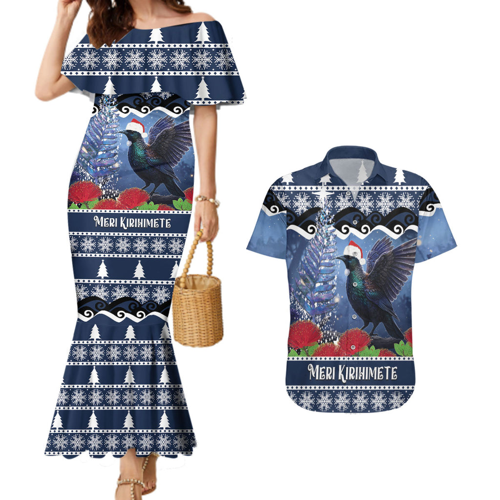 New Zealand Tui Bird Christmas Couples Matching Mermaid Dress and Hawaiian Shirt Pohutukawa Xmas Tree Meri Kirihimete