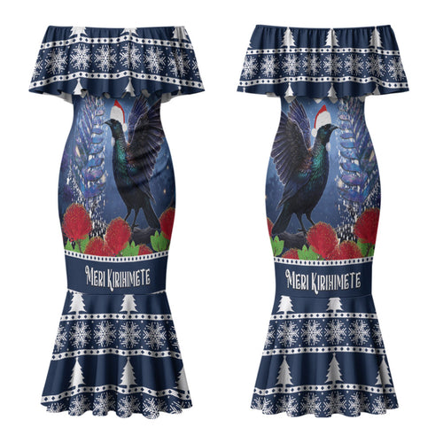 New Zealand Tui Bird Christmas Couples Matching Mermaid Dress and Hawaiian Shirt Pohutukawa Xmas Tree Meri Kirihimete LT22