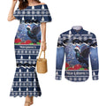 New Zealand Tui Bird Christmas Couples Matching Mermaid Dress and Long Sleeve Button Shirt Pohutukawa Xmas Tree Meri Kirihimete