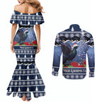 New Zealand Tui Bird Christmas Couples Matching Mermaid Dress and Long Sleeve Button Shirt Pohutukawa Xmas Tree Meri Kirihimete