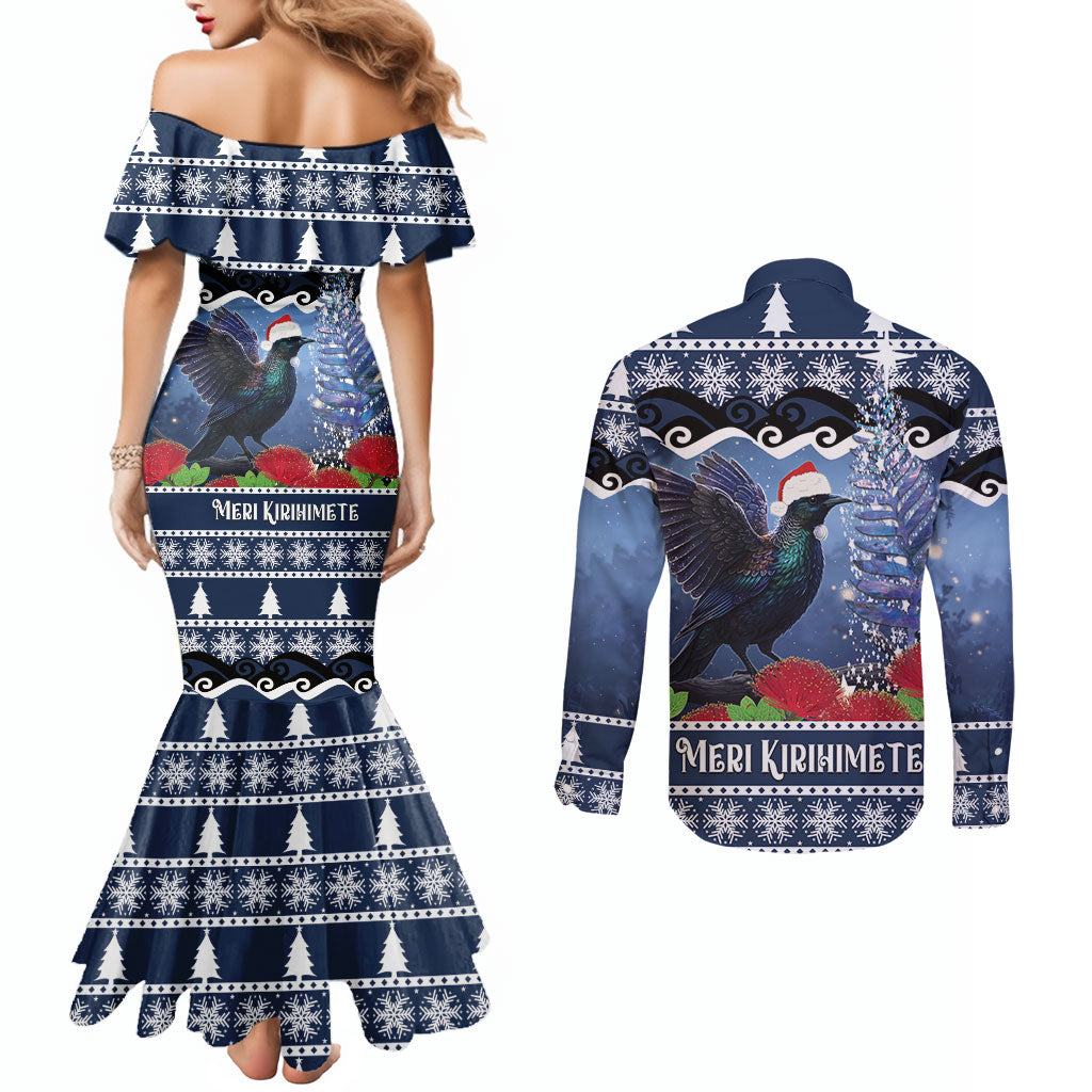 New Zealand Tui Bird Christmas Couples Matching Mermaid Dress and Long Sleeve Button Shirt Pohutukawa Xmas Tree Meri Kirihimete