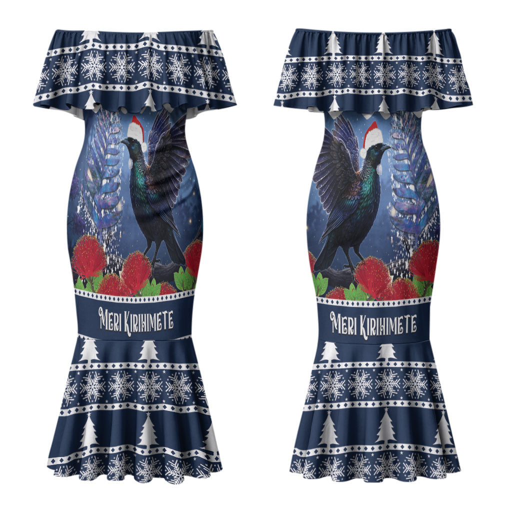 New Zealand Tui Bird Christmas Couples Matching Mermaid Dress and Long Sleeve Button Shirt Pohutukawa Xmas Tree Meri Kirihimete LT22