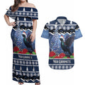 New Zealand Tui Bird Christmas Couples Matching Off Shoulder Maxi Dress and Hawaiian Shirt Pohutukawa Xmas Tree Meri Kirihimete