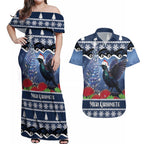 New Zealand Tui Bird Christmas Couples Matching Off Shoulder Maxi Dress and Hawaiian Shirt Pohutukawa Xmas Tree Meri Kirihimete