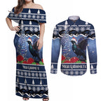 New Zealand Tui Bird Christmas Couples Matching Off Shoulder Maxi Dress and Long Sleeve Button Shirt Pohutukawa Xmas Tree Meri Kirihimete