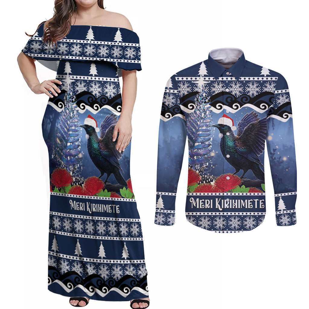 New Zealand Tui Bird Christmas Couples Matching Off Shoulder Maxi Dress and Long Sleeve Button Shirt Pohutukawa Xmas Tree Meri Kirihimete