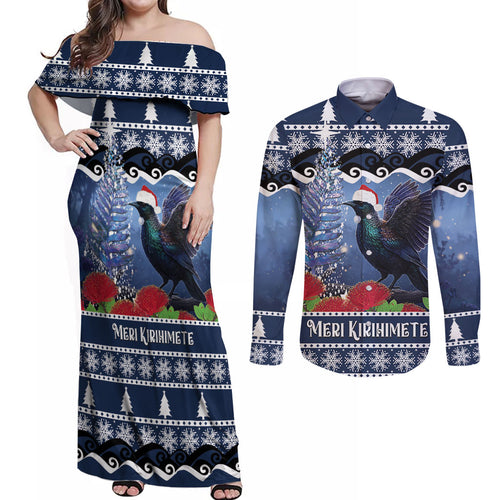New Zealand Tui Bird Christmas Couples Matching Off Shoulder Maxi Dress and Long Sleeve Button Shirt Pohutukawa Xmas Tree Meri Kirihimete