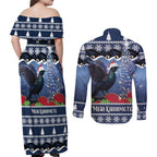 New Zealand Tui Bird Christmas Couples Matching Off Shoulder Maxi Dress and Long Sleeve Button Shirt Pohutukawa Xmas Tree Meri Kirihimete