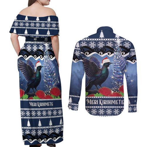 New Zealand Tui Bird Christmas Couples Matching Off Shoulder Maxi Dress and Long Sleeve Button Shirt Pohutukawa Xmas Tree Meri Kirihimete