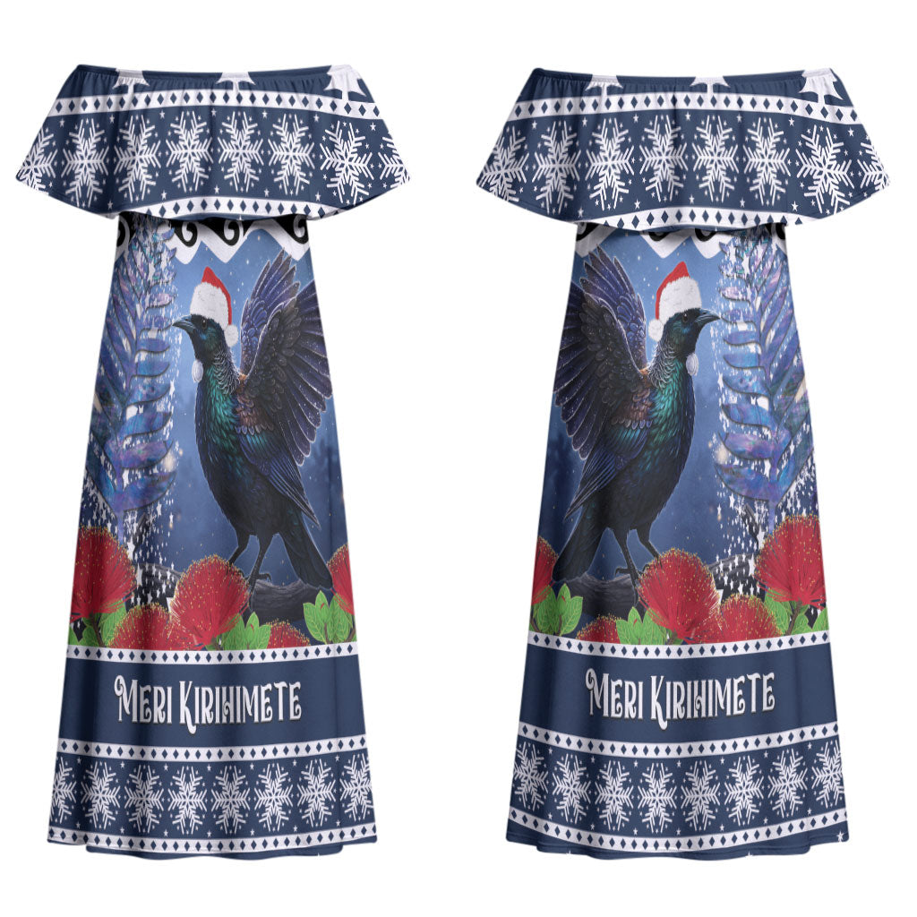 New Zealand Tui Bird Christmas Couples Matching Off Shoulder Maxi Dress and Long Sleeve Button Shirt Pohutukawa Xmas Tree Meri Kirihimete LT22